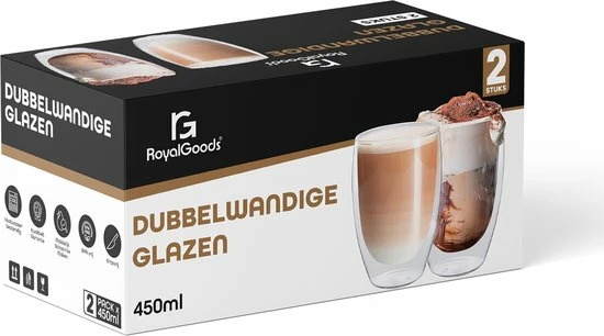 Korting 🔔 RoyalGoods® Dubbelwandige Glazen – Koffieglazen - Theeglazen – 450ML – 2 Stuks – Cappuccino Glazen - Latte Macchiato Glazen 🔥 1 Korting 🔔 RoyalGoods® Dubbelwandige Glazen – Koffieglazen - Theeglazen – 450ML – 2 Stuks – Cappuccino Glazen - Latte Macchiato Glazen 🔥