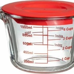 Uitgang ⌛ Sareva Maatbeker - Met Deksel - Hittebestendig Glas - 1 Liter ✔️