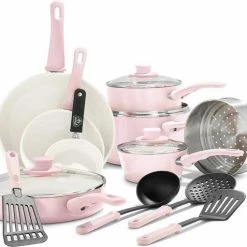 Coupon ✔️ Green Life GreenLife 16-delige Pannenset Met Zachte Grip, Antiaanbaklaag, PFAS-vrij, Roze 🥰