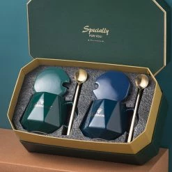 Nieuw 🥰 Merkloos Mok - Mok Set - Koffiemok - Koffiebeker - Beker - Mokken En Bekers - Beker Met Lepel En Deksel - 400 Ml - Keramiek - Diamant Vorm - Vrienden - Groen/Blauw 👏